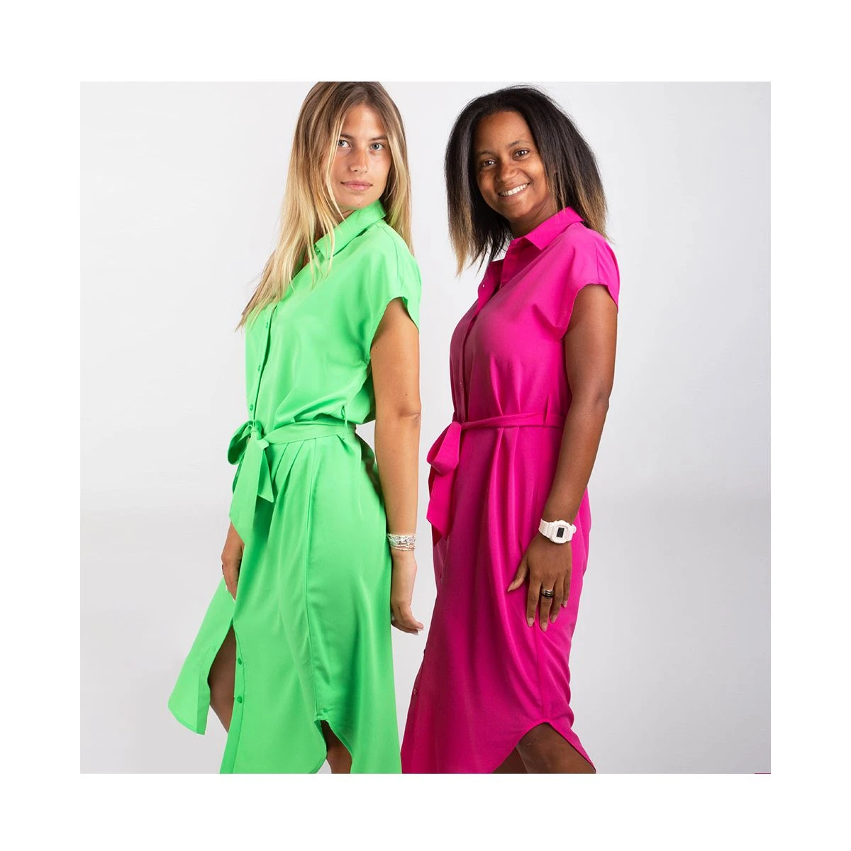 Robe Chemise Longue Manches Courtes à Nouer Femme PIECES 5 Robe Chemise Longue Manches Courtes à Nouer Femme PIECES – Image 3