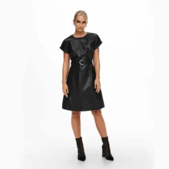 Robe Manches Courtes Bouffante Similicuir Col Rond ceinture Femme ONLY -Tendryne Soldes Boutique robe manches courtes bouffante similicuir col rondceinture femme only 1