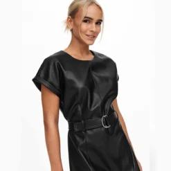 Robe Manches Courtes Bouffante Similicuir Col Rond ceinture Femme ONLY -Tendryne Soldes Boutique robe manches courtes bouffante similicuir col rondceinture femme only 3