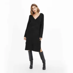 Robe Pull Manches Longues Mi Longue Col V Avec Deux Fentes Macadamia Femme ONLY -Tendryne Soldes Boutique robe pull manches longues mi longue col v avec deux fentes macadamia femme only 5